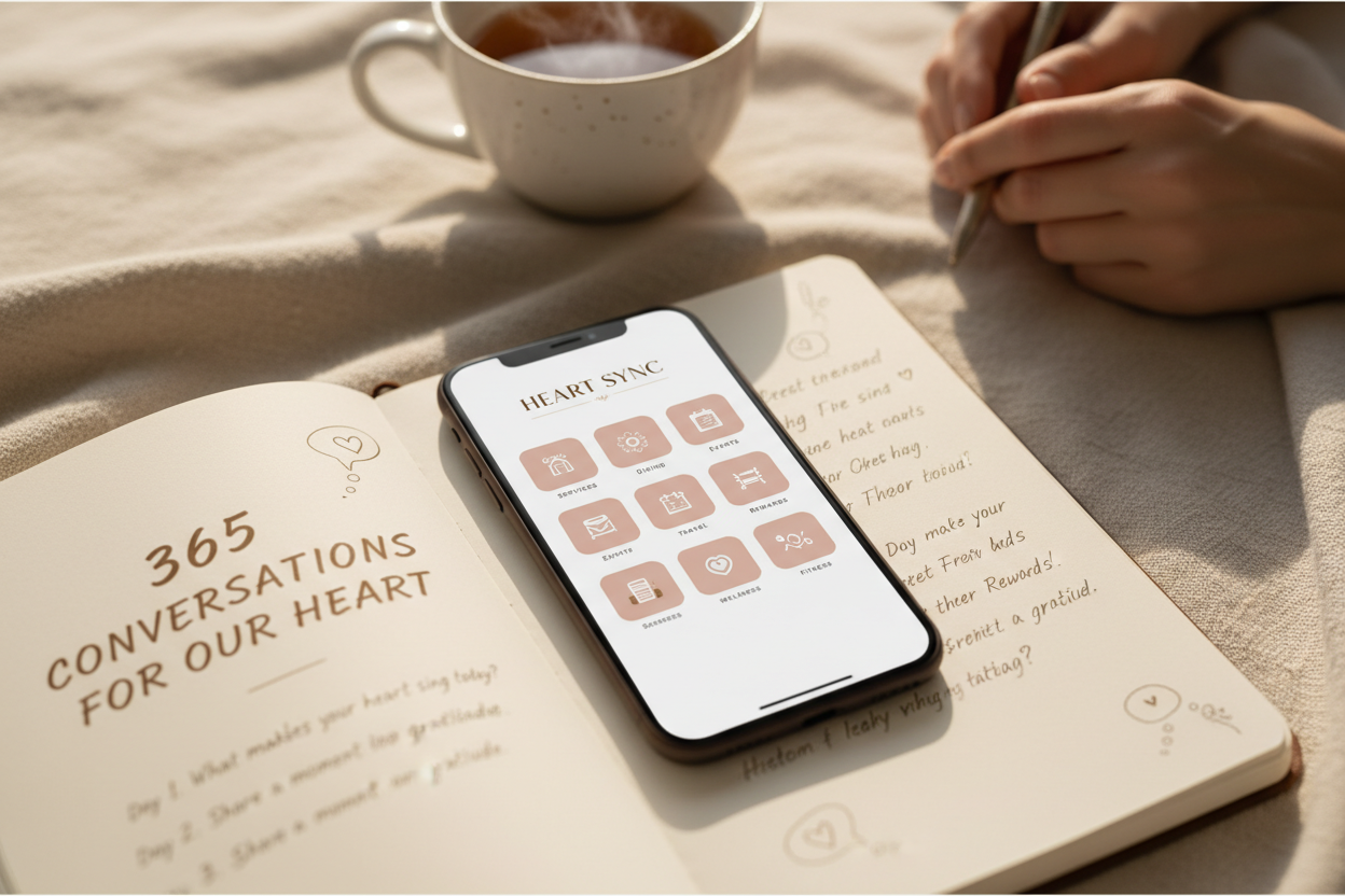 create an advertisement for the digital application Heart Sync for the notebook of feelings 365 conversations for Our Heart in which you can order goods, services, restaurants, entertainment, travel, bonus cards, yoga, sports